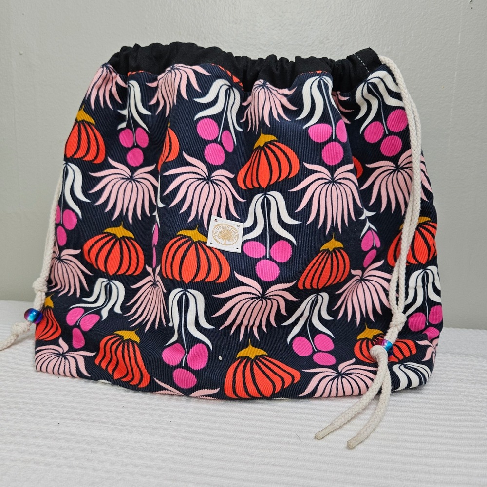 The Urban Sititcher Handmade Yarn Pouch Knitting Bag Mod Floral Cinch‎ Corduroy